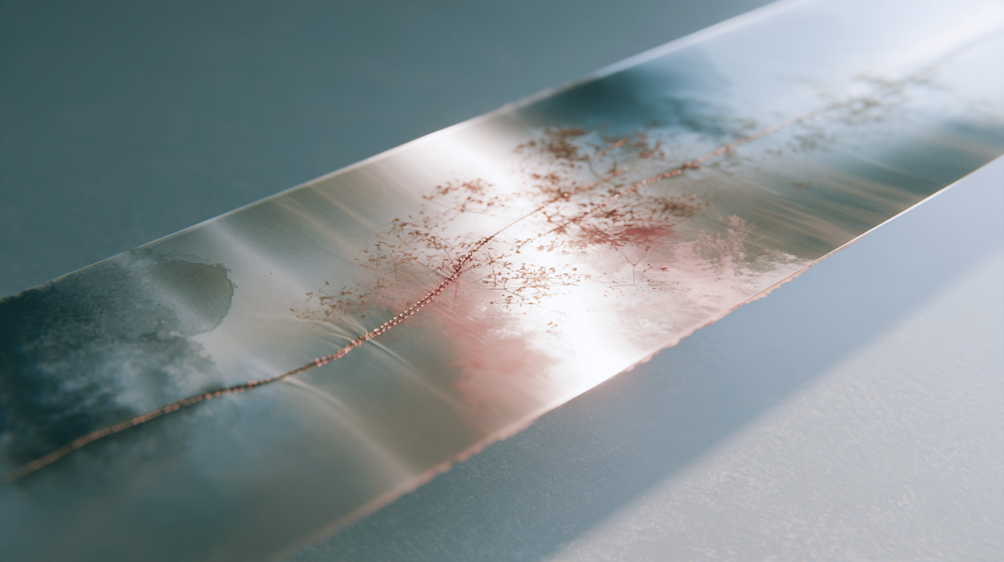 A translucent strip in soft teal and blush lies across a pale surface, with delicate botanical traces and a fine bronze line running through the center.