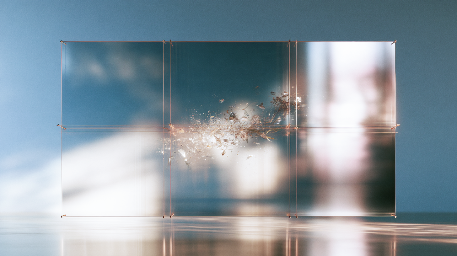 Translucent architectural panels with fine metallic lines and a concentrated cluster of botanical fragments, suggesting signals gathering into a coherent pattern.