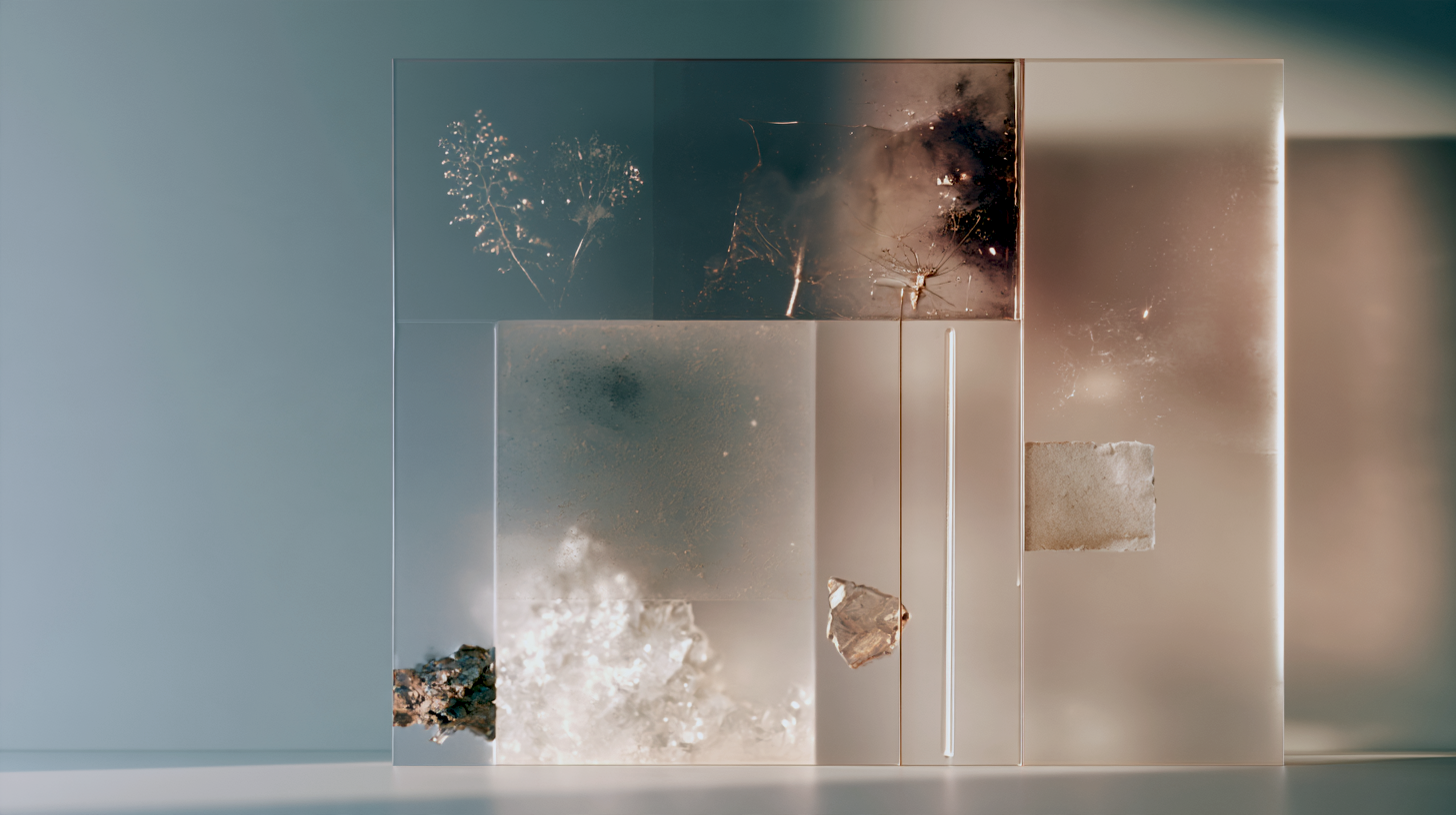 A layered composition of translucent panels, mineral fragments, and botanical traces in teal, blush, and ivory suggests multiple forms of evidence held within one measured field.