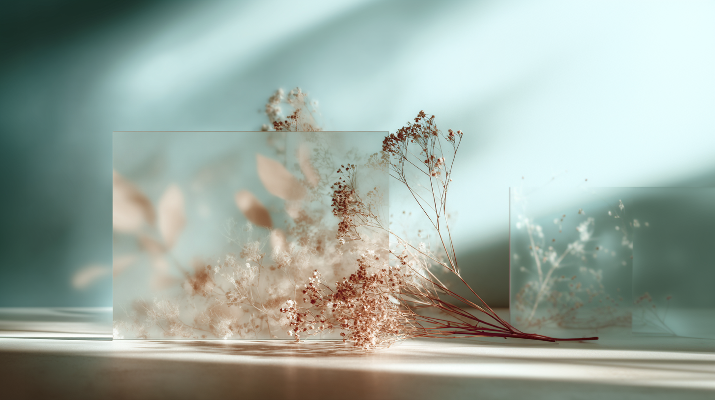 A translucent geometric plane floats in soft morning light as delicate ivory florals emerge gradually from behind it, partially obscured against a calm, editorial backdrop.