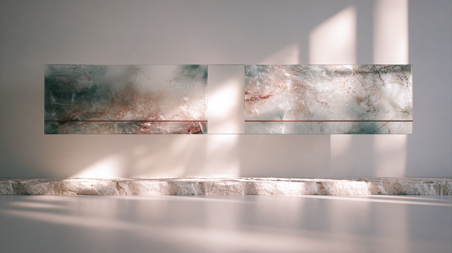 A horizontal translucent structure with an intentional central gap rests above a pale stone ledge, with teal, blush, and ivory textures suggesting information interrupted by absence.