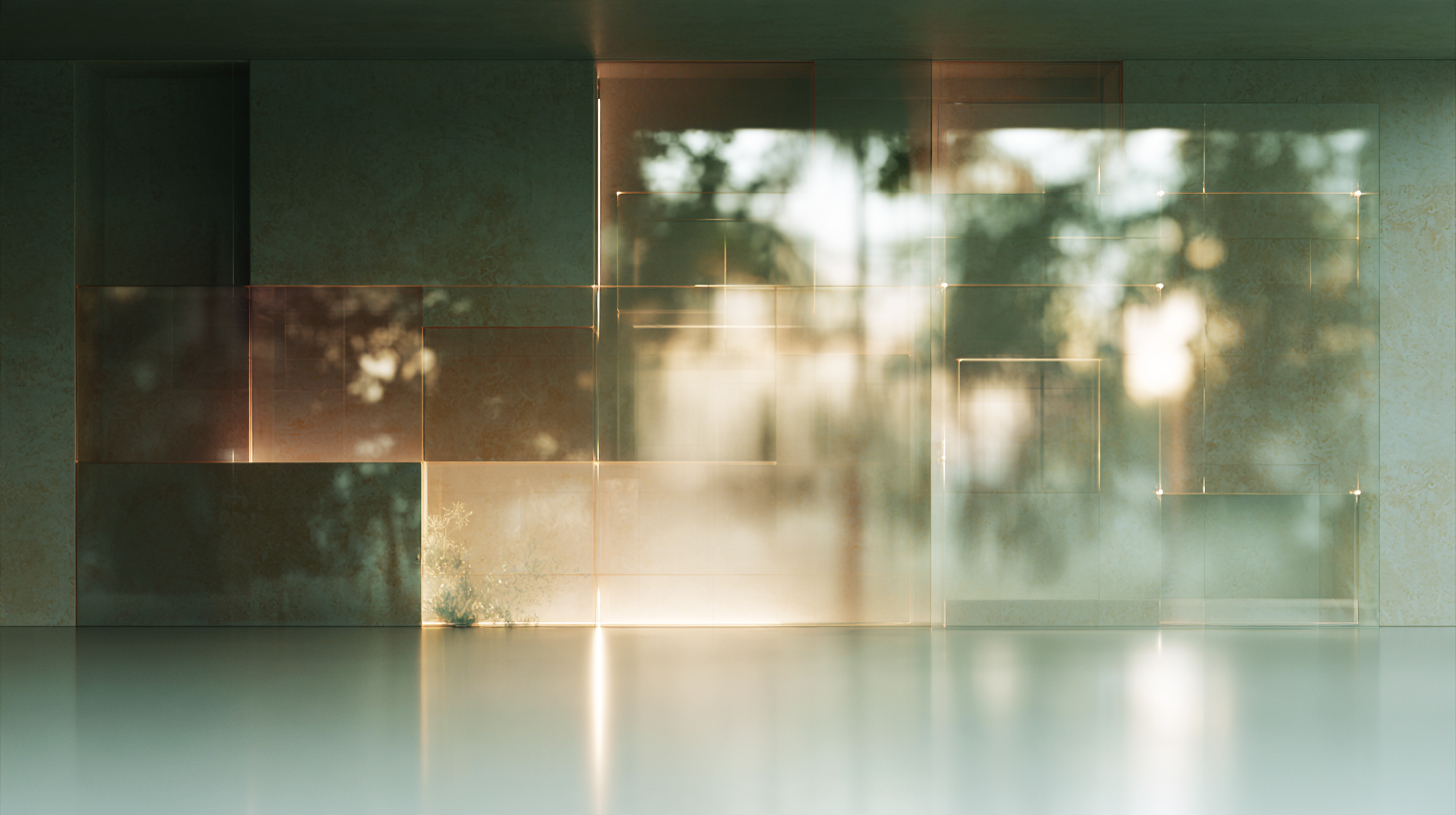 Layered translucent rectangles arranged across a grounded surface, with soft blurred light and faint botanical detail suggesting a measured field of partial visibility.