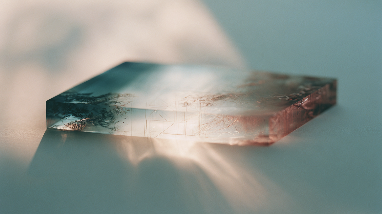 A low translucent slab in teal and blush rests on a pale surface, with embedded fibers and delicate textures suggesting complex information held within a clear structure.