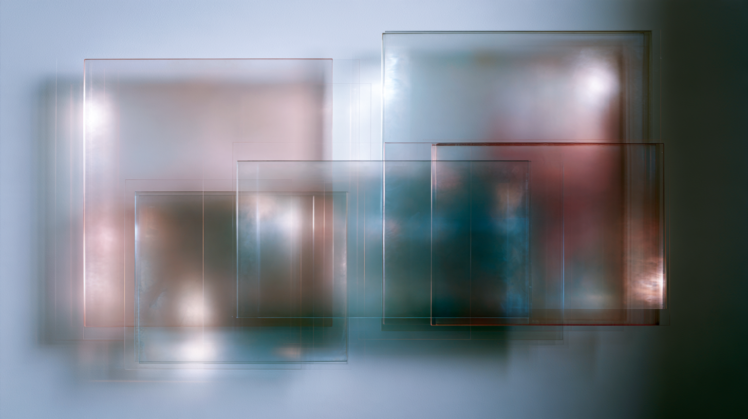Overlapping translucent panels in soft blue, blush, and smoky tones form a layered abstract composition with diffused light and subtle depth.