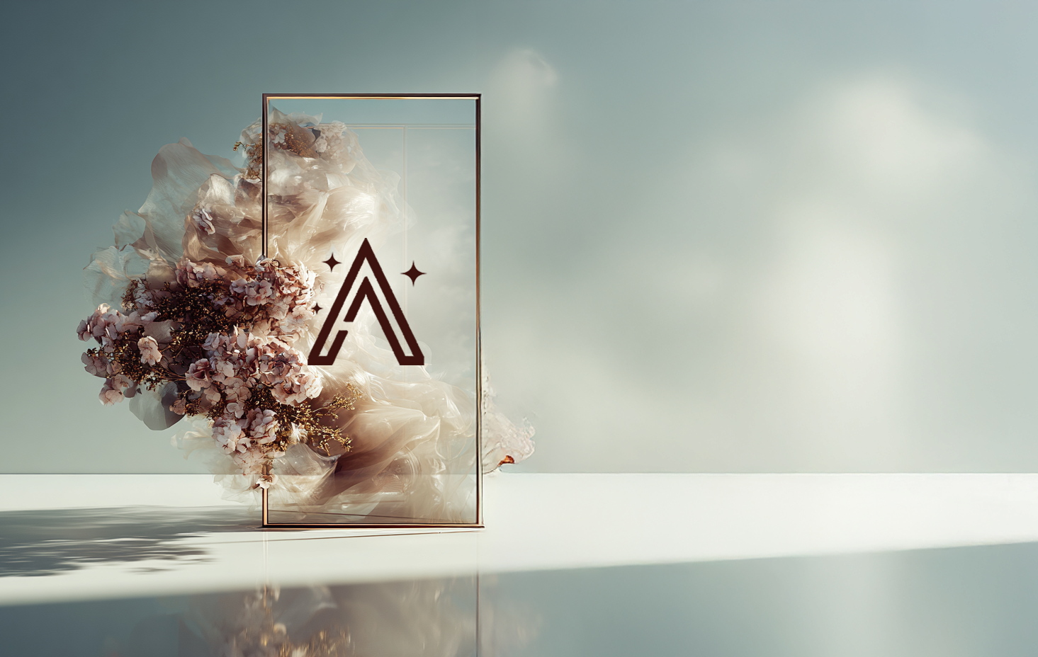 A softly lit doorway stands partially open in a blush-toned space, with the Ambianceuse logo centered on the door and subtle florals emerging around the threshold.