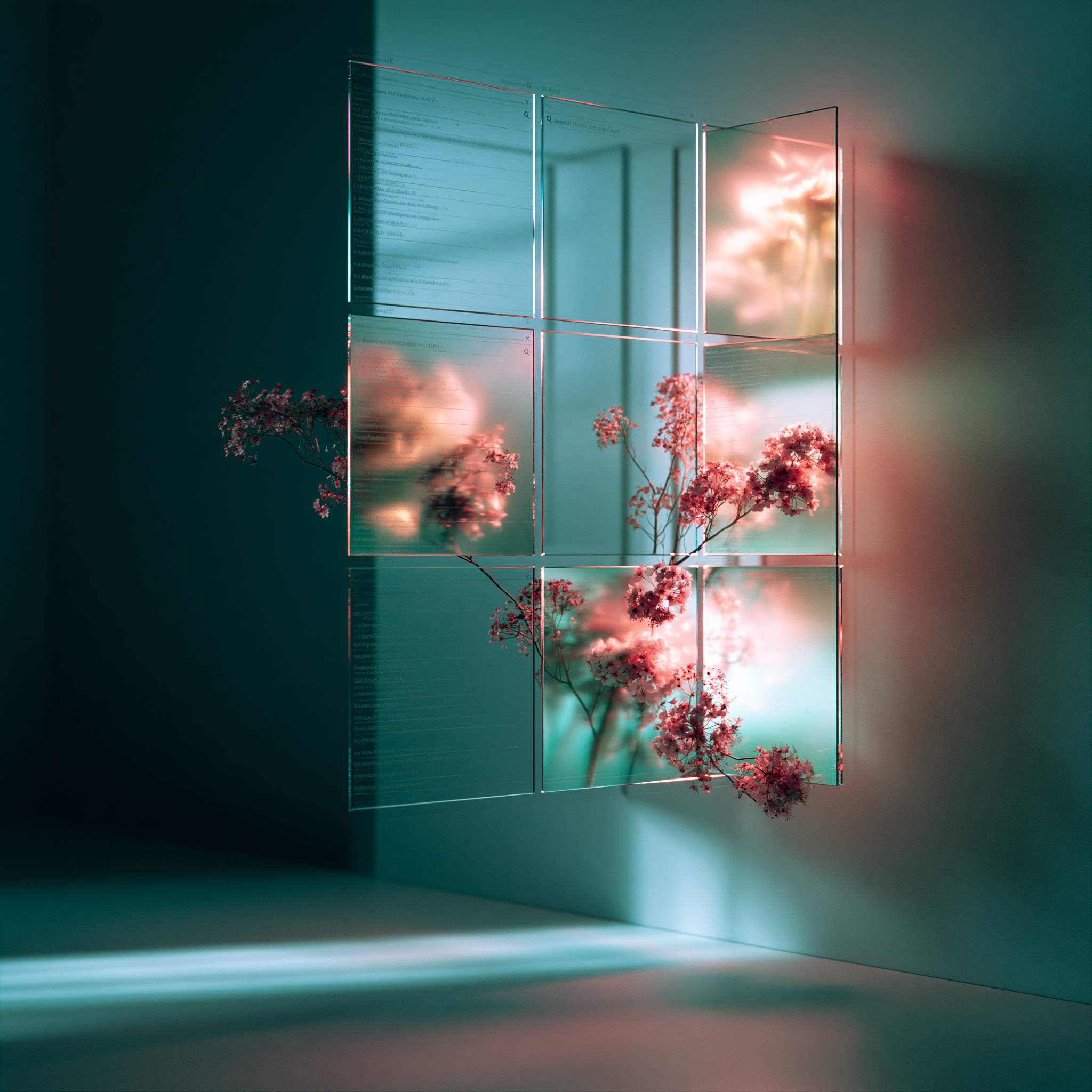 Nine translucent glass panels form a floating grid as pink blossoms emerge across them in soft teal and coral light.