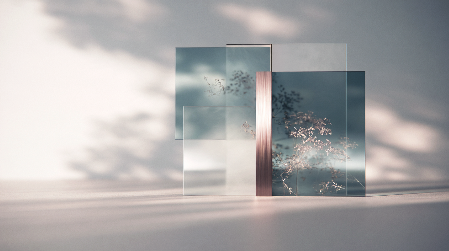 Translucent teal and clear panels overlap around a vertical bronze spine, with delicate botanical details and soft shadows suggesting coordinated structure.
