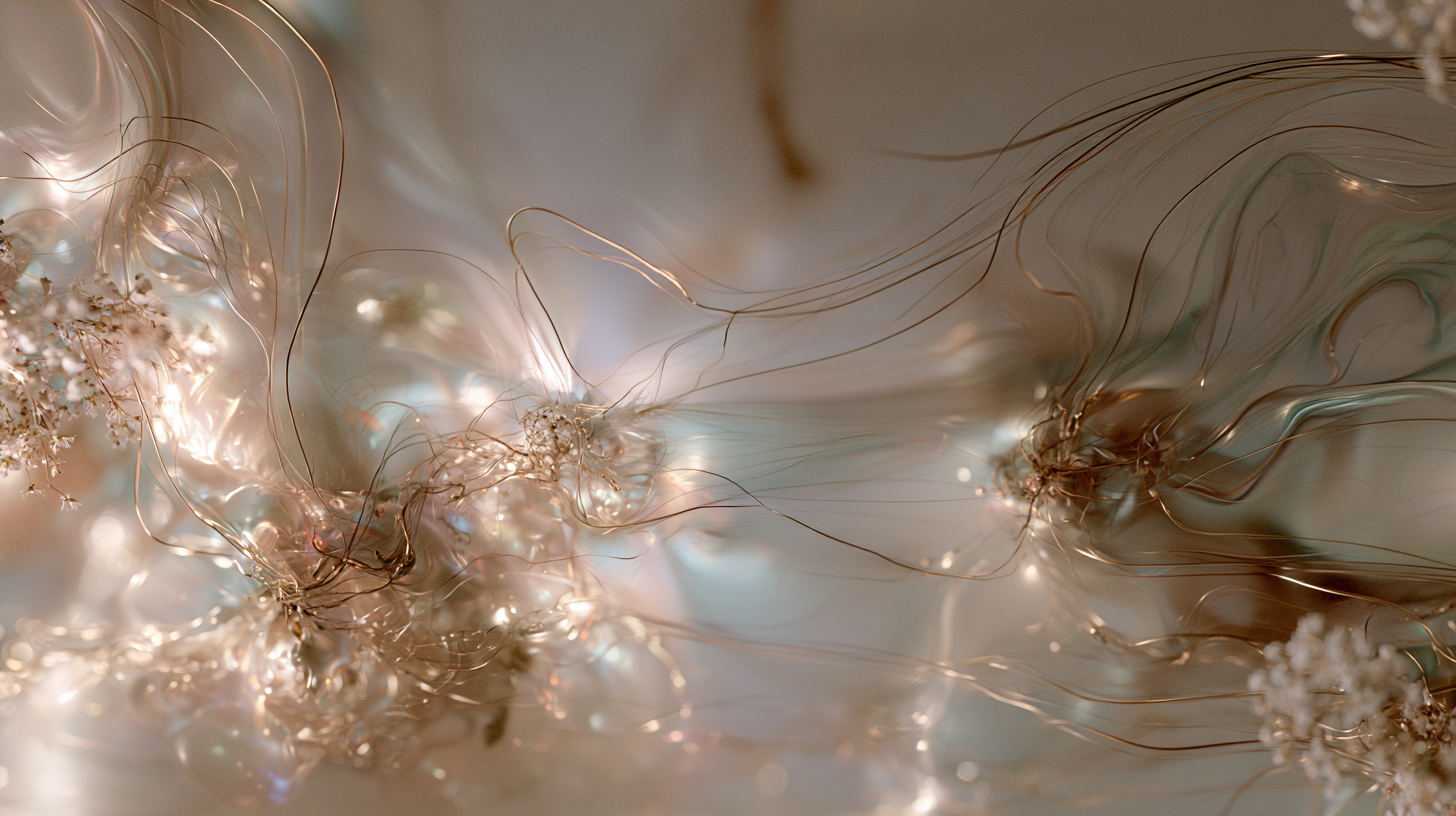 Delicate translucent strands connect glowing organic clusters across a soft neutral field, forming a sparse web of light and texture.