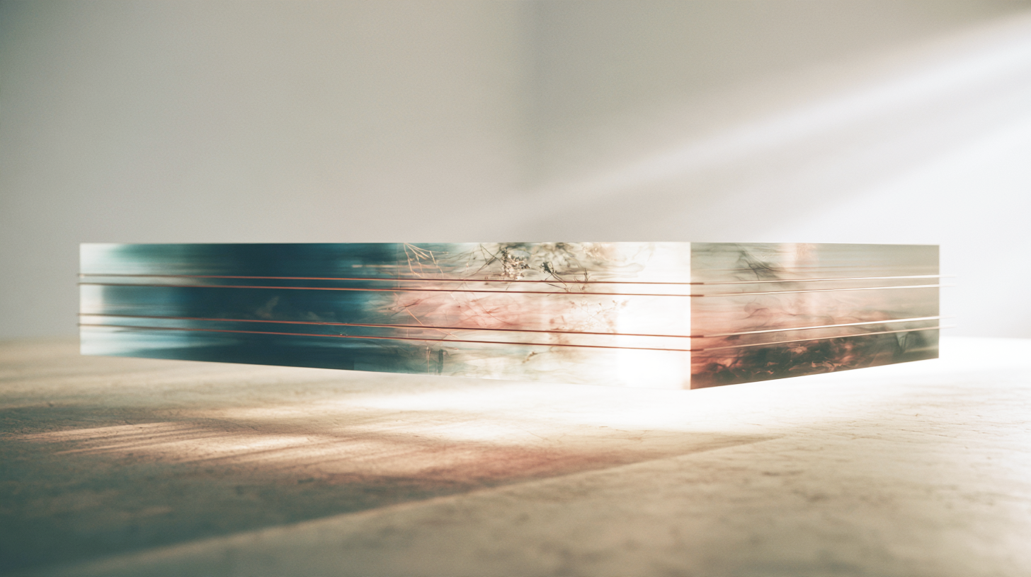 A layered rectangular block in teal, blush, and ivory rests on a pale surface, with fine copper lines and embedded textures suggesting compressed signals resolving into a stable form.