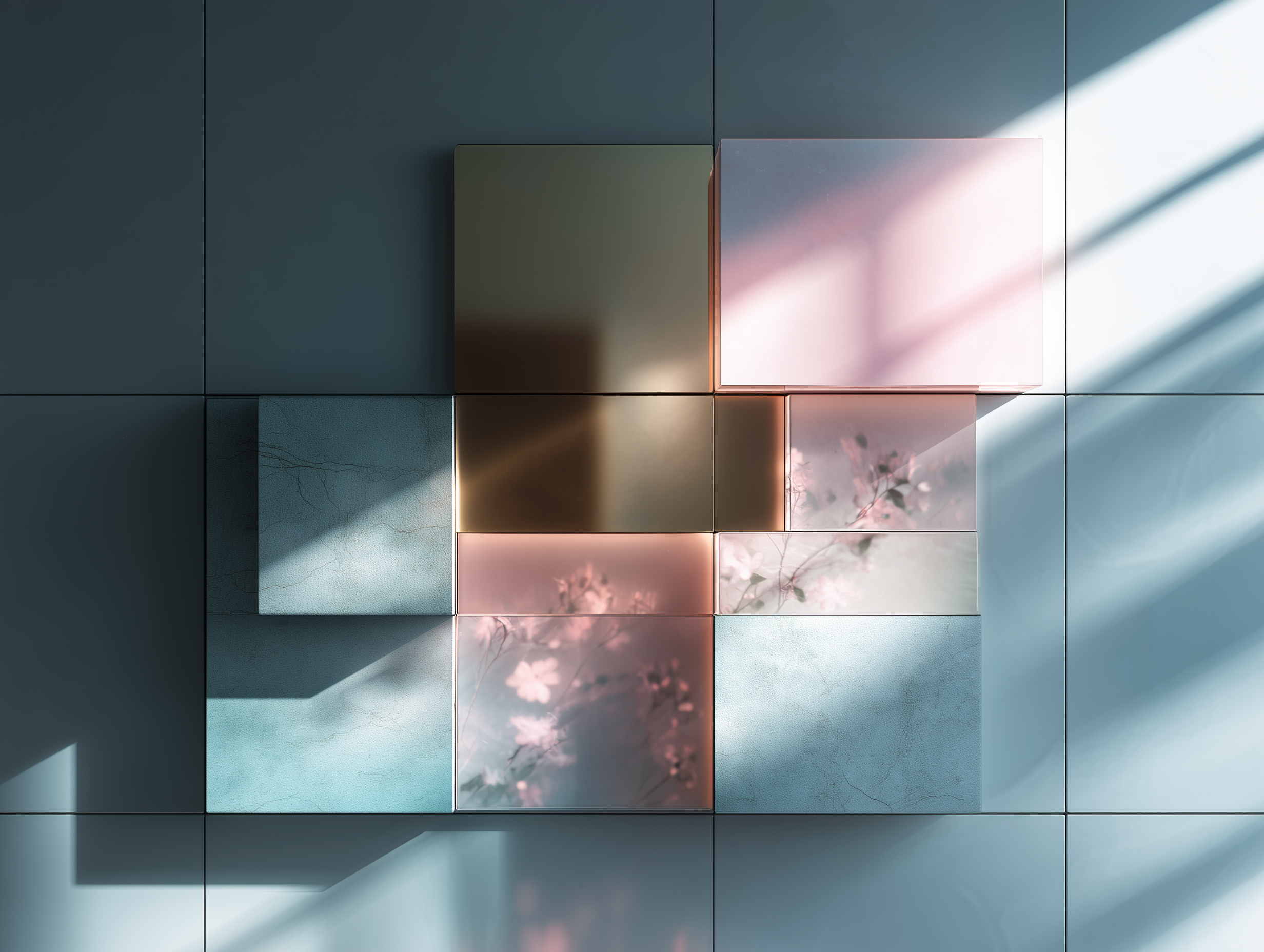A soft grid of translucent panels in blue, pink, and bronze tones, with delicate floral details visible beneath the surface.