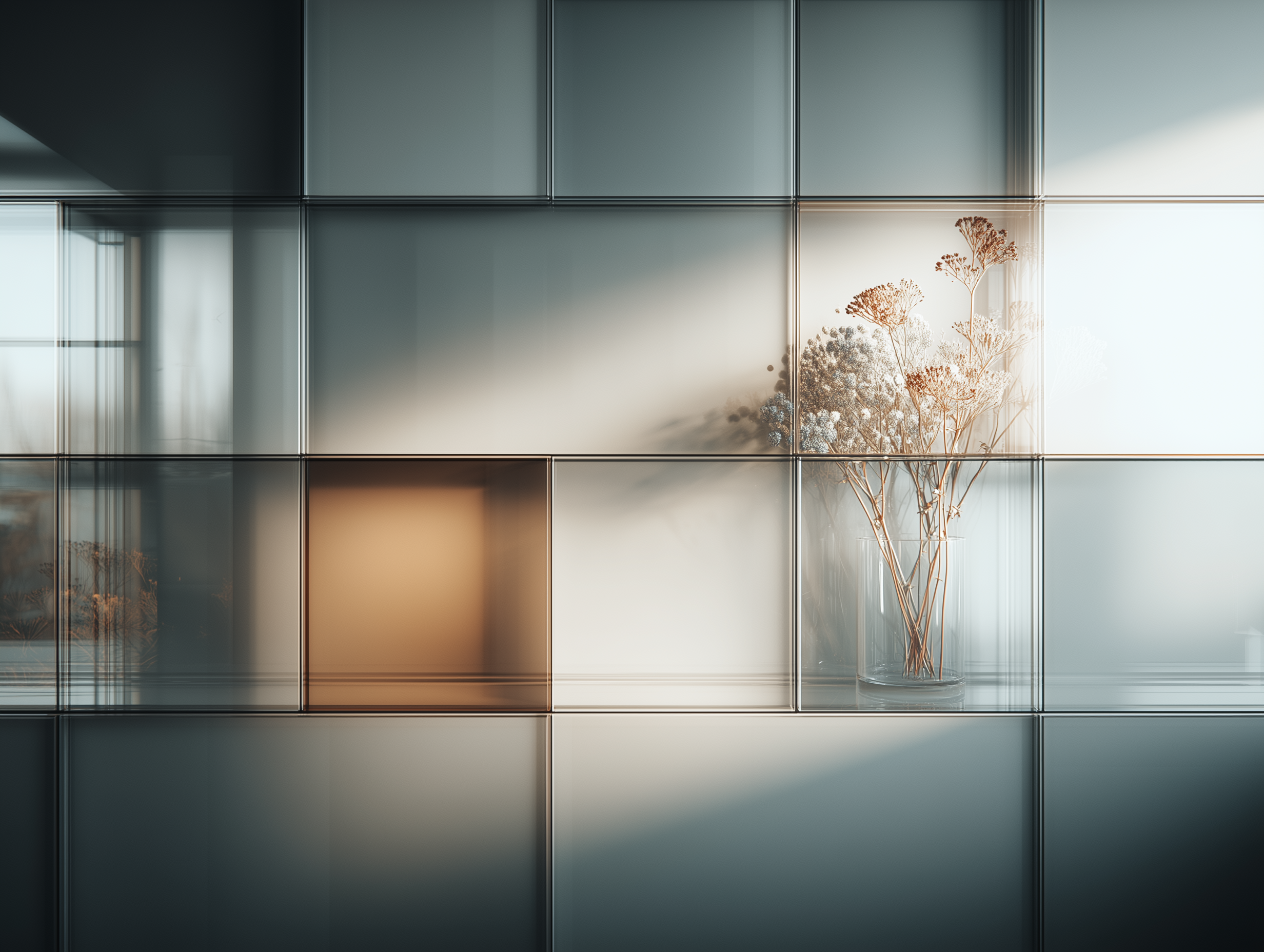 A soft grid of translucent rectangular panels over a minimalist interior scene with dried flowers in a glass vase.