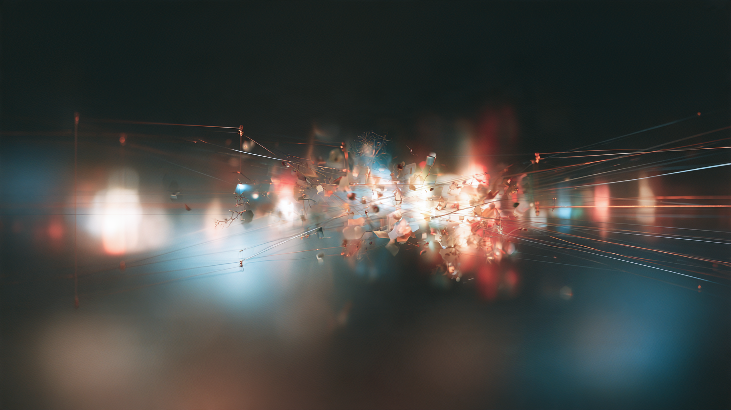Abstract network of glowing red, blue, and white lines converging around a dense central cluster of fragmented signals.