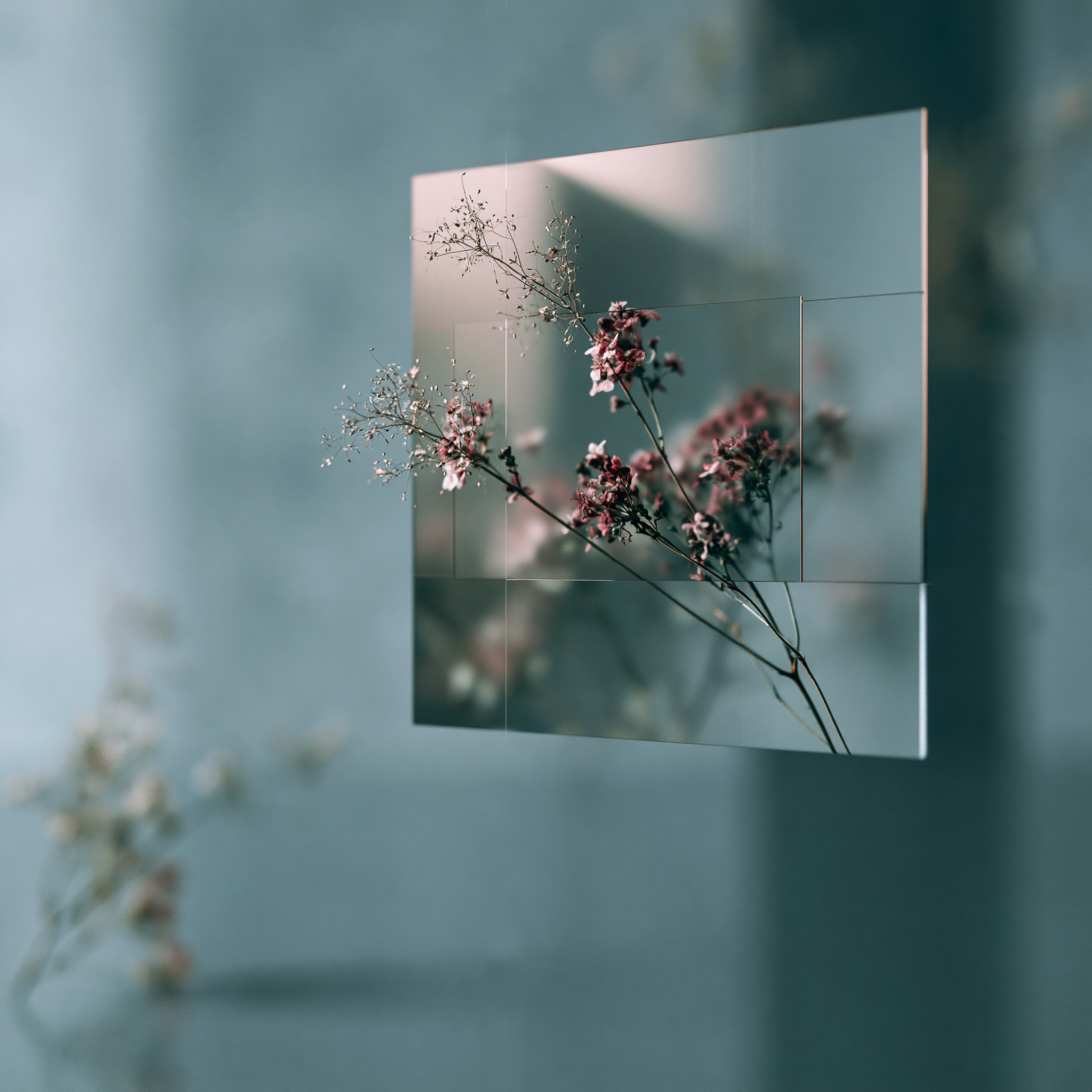 Delicate pink blossoms extend across layered translucent panels in a softly lit blue-gray space.