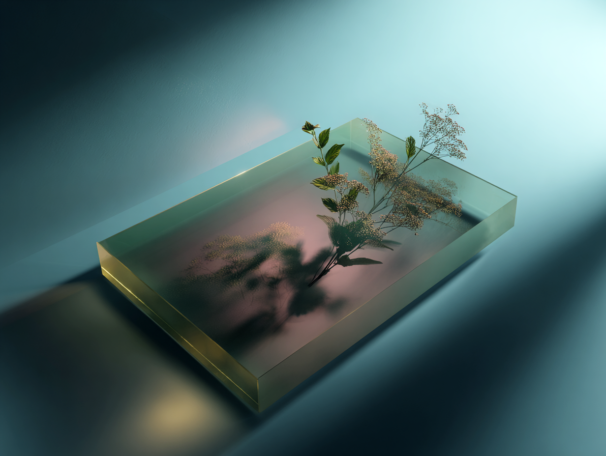 A delicate flowering stem rests inside a translucent rectangular block on a blue-green surface, casting a soft shadow and reflected silhouette.