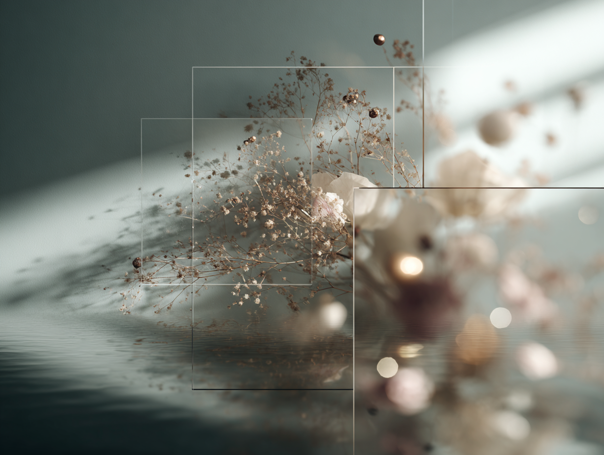 Translucent squares framing delicate florals float in a muted space.