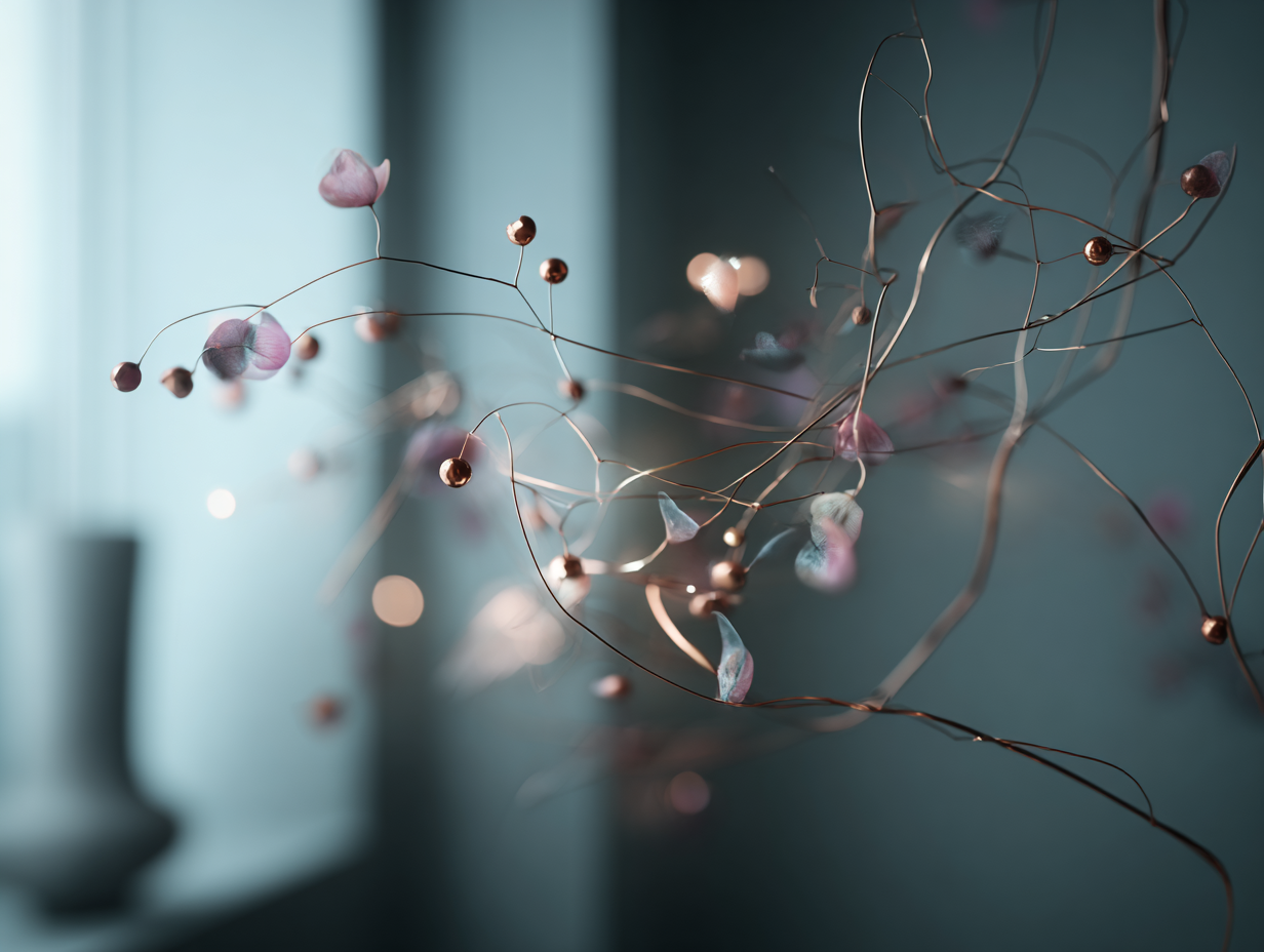 Thin metallic lines connect sparse nodes in a soft morning-toned space, with subtle organic details appearing only where connections intersect.