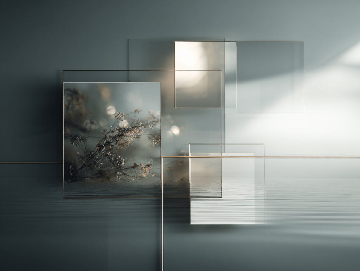 Sheer squares, some filled with florals, overlap in a dreamy space, with some details obscured.