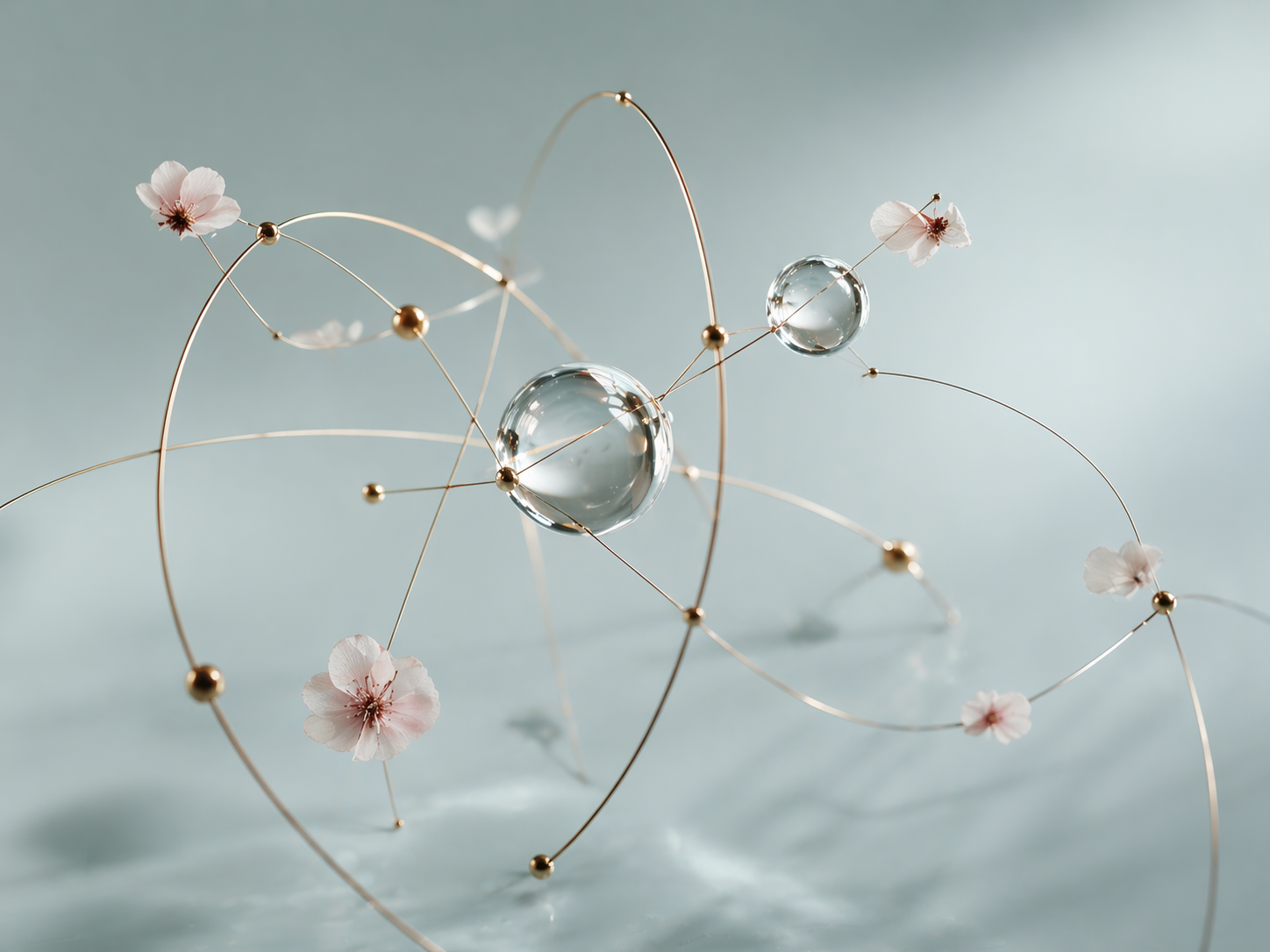 Delicate gold lines, glass spheres, and pale blossoms form an abstract suspended network against a soft blue-gray background.