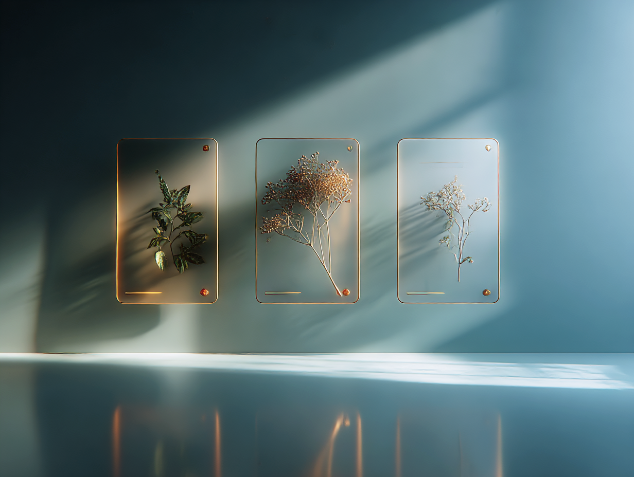 Three sheer panels with botanical details, gold lines, and pale blossoms suspended in blue-green light.