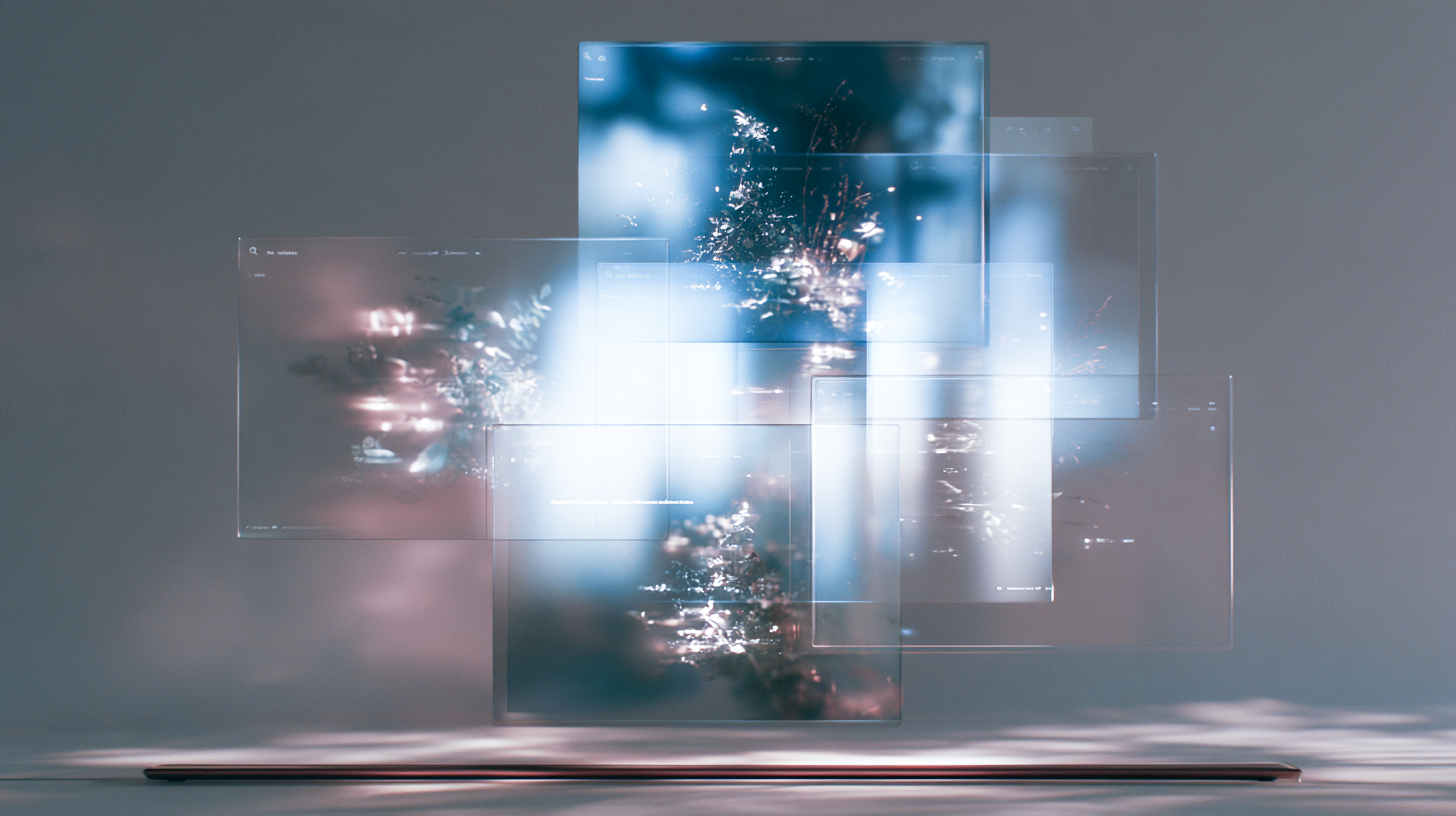 Overlapping translucent panels in blush, blue, and charcoal tones reveal fragmented botanical imagery and soft reflections above a polished surface.