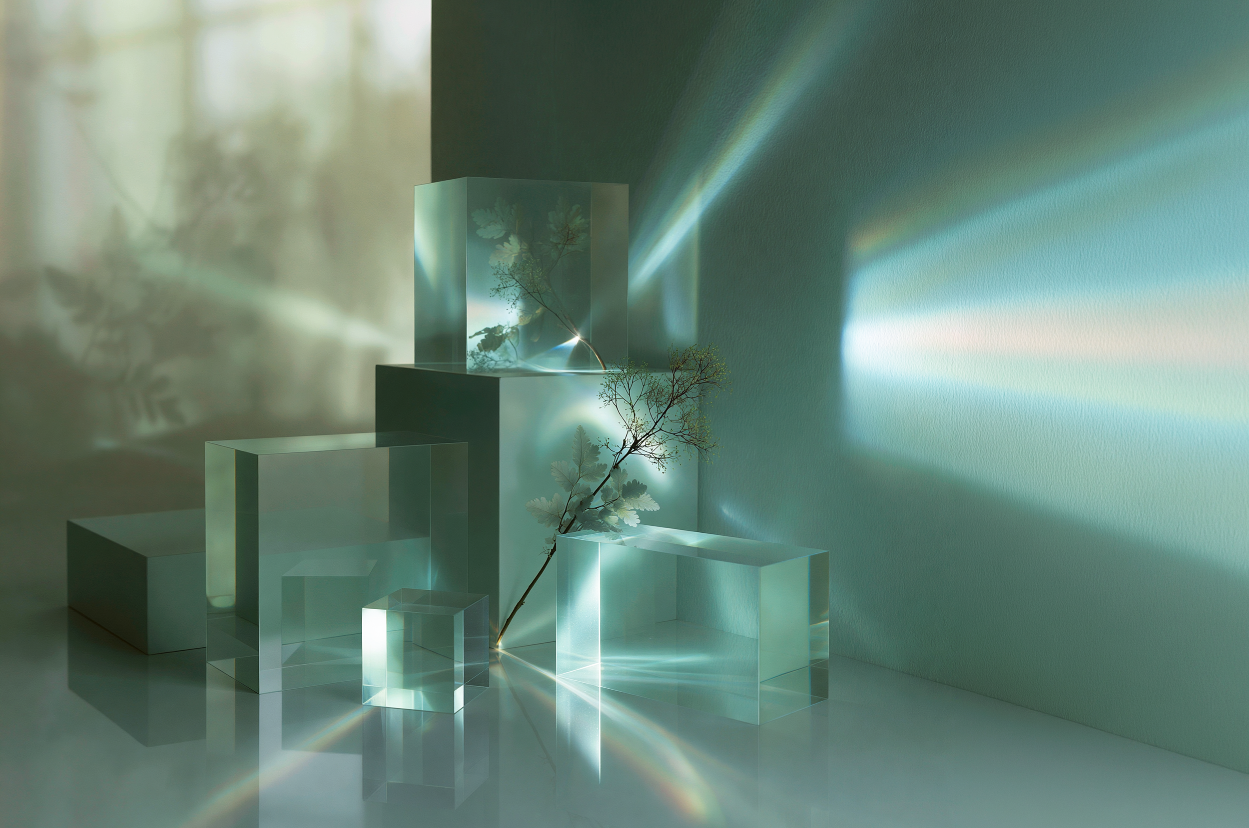 Clear glass blocks surround a delicate botanical stem, casting soft green light and prismatic reflections across a quiet interior surface.