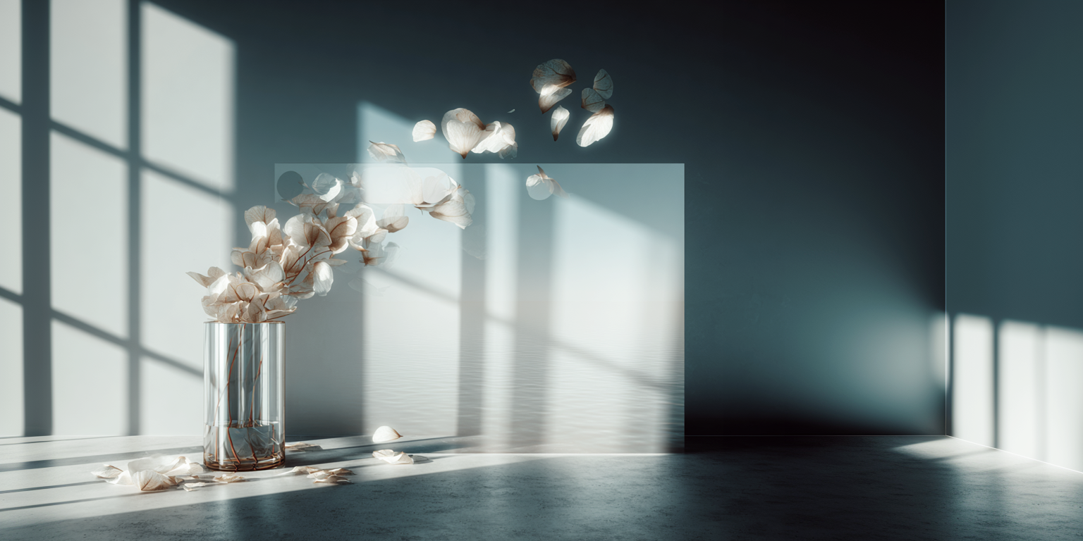 A sheer pane floats in a minimalist room as petals flutter upward around it.