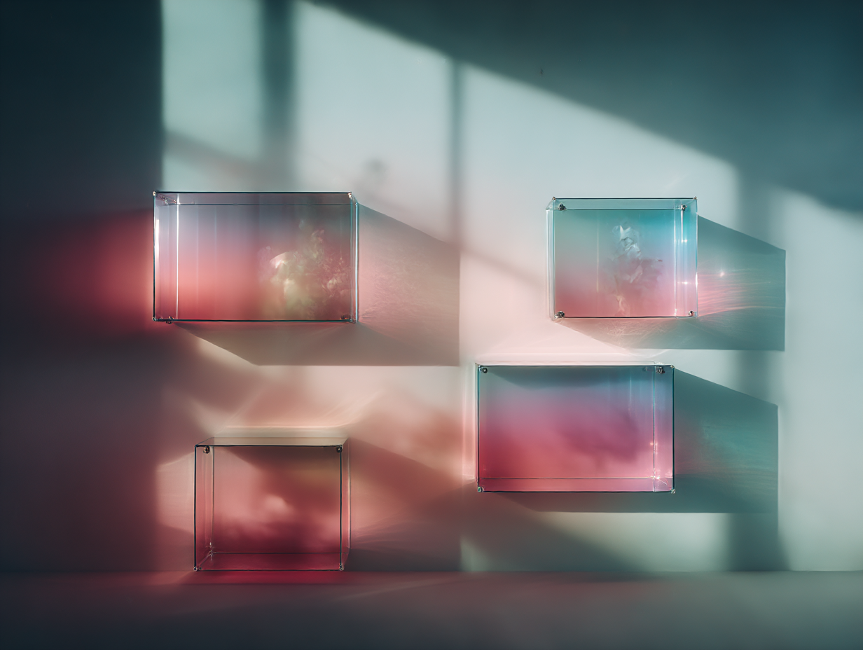 Sheer panels with partially obscured details float in a softly lit space.