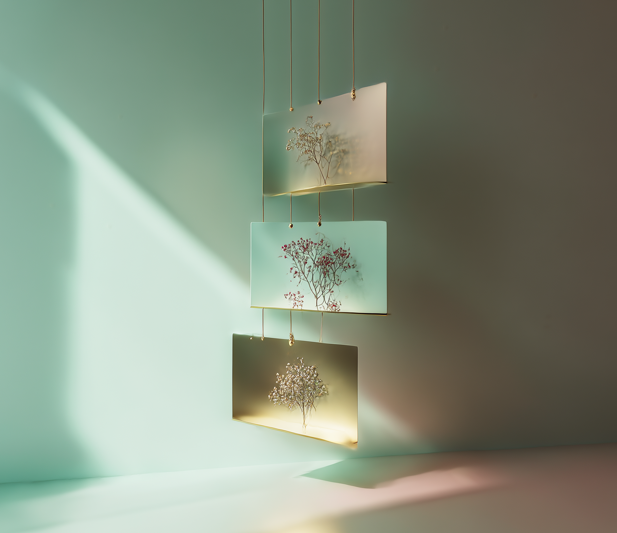 Three suspended translucent cards with delicate botanical details, arranged in soft morning light against a minimal green-toned background.