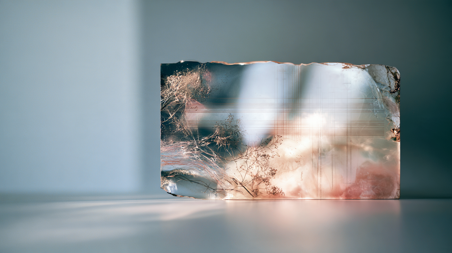 A single translucent rectangular material slab with rough edges stands on a pale surface, containing layered botanical traces, fine linear markings, and soft blush, ivory, and smoky tones against a muted blue-green background.