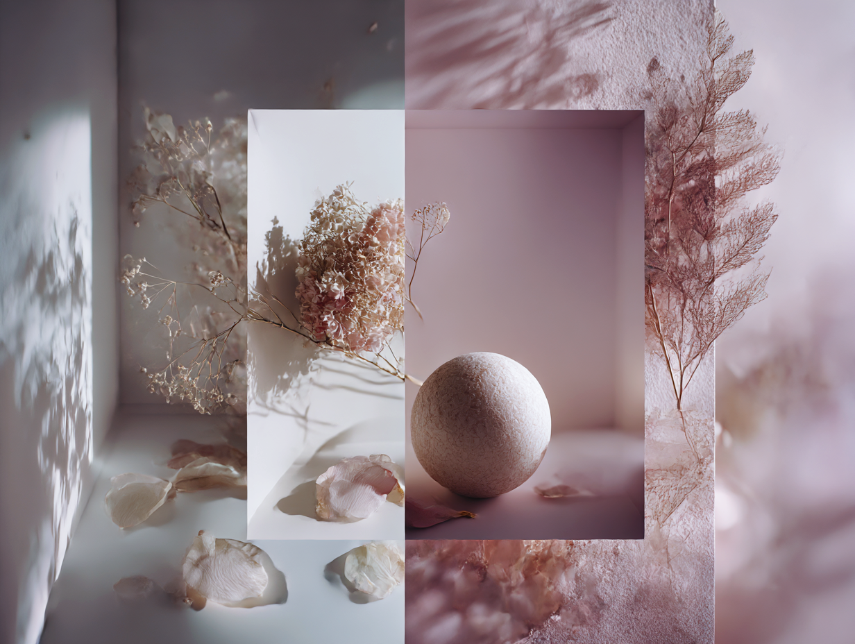 A still life with organic and botanical accents in a softly-lit space.