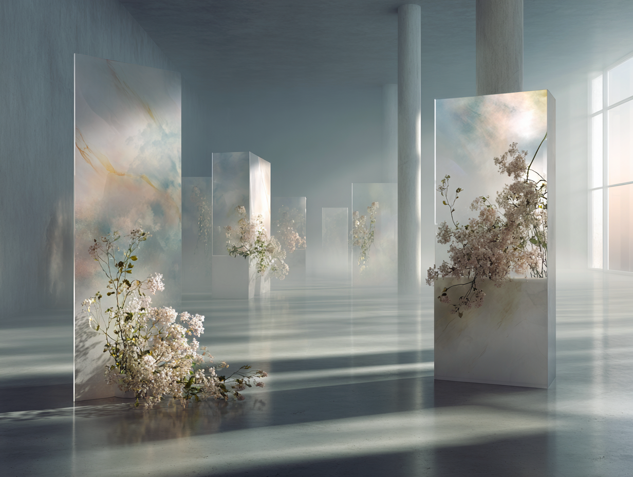 Sheer panels with botanical accents sit in a light-filled gallery space.