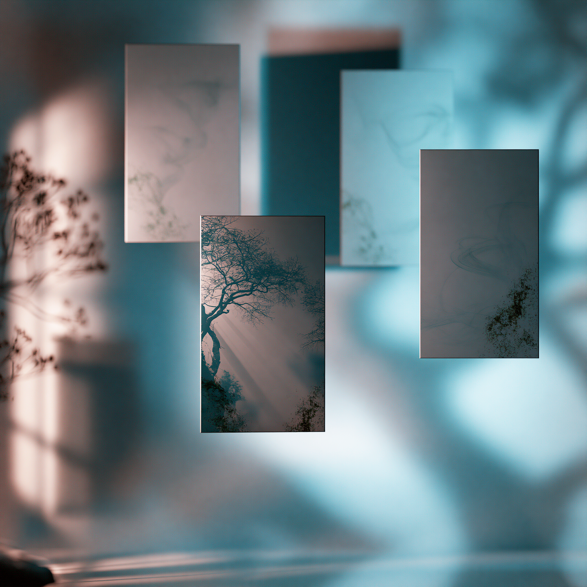 Several translucent rectangular panels float at varying depths, revealing blurred branches and foliage in soft teal, coral, and shadowed light.