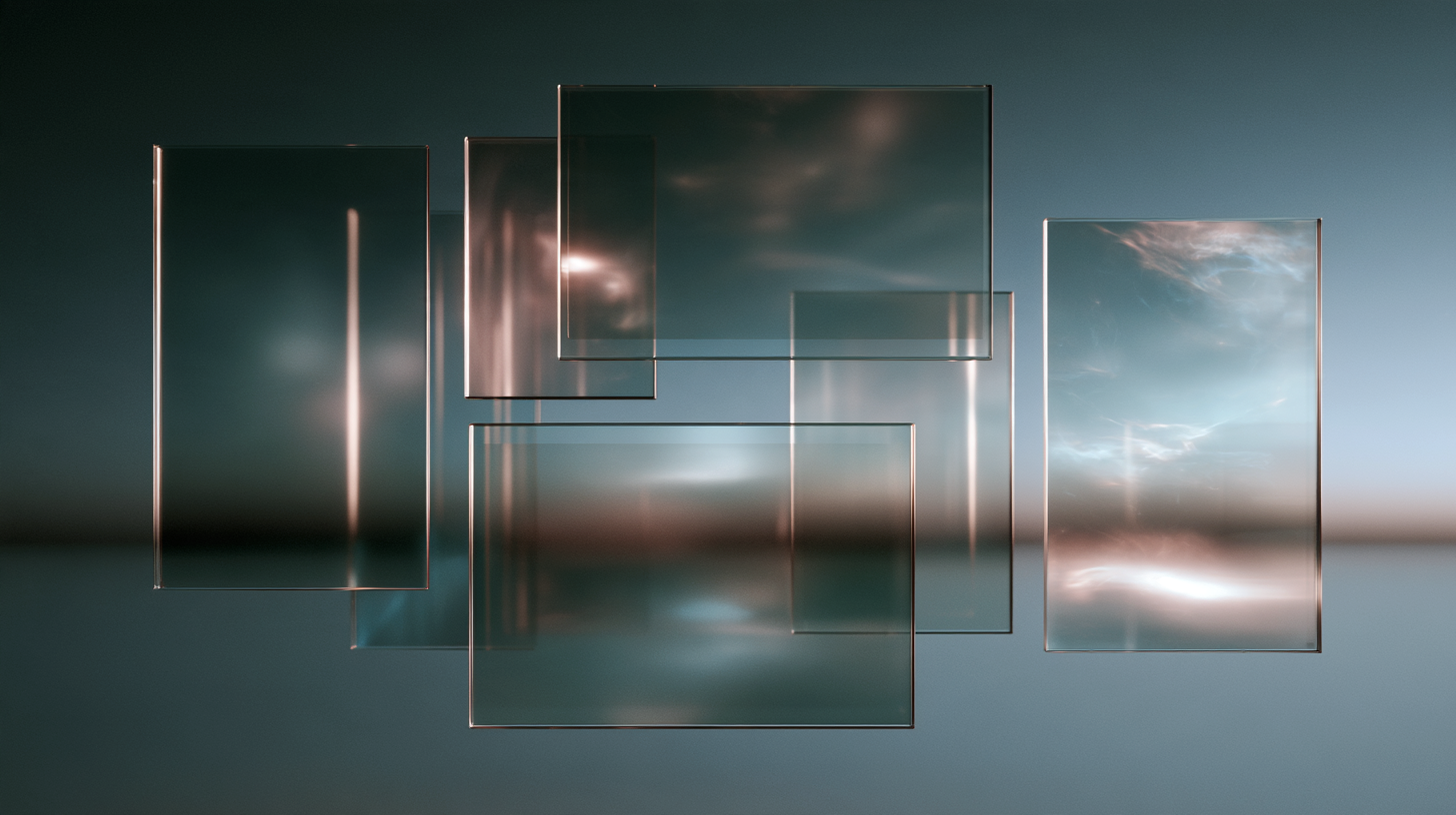 Translucent rectangular panels float at varying depths, with soft light and reflections creating a layered, balanced composition.