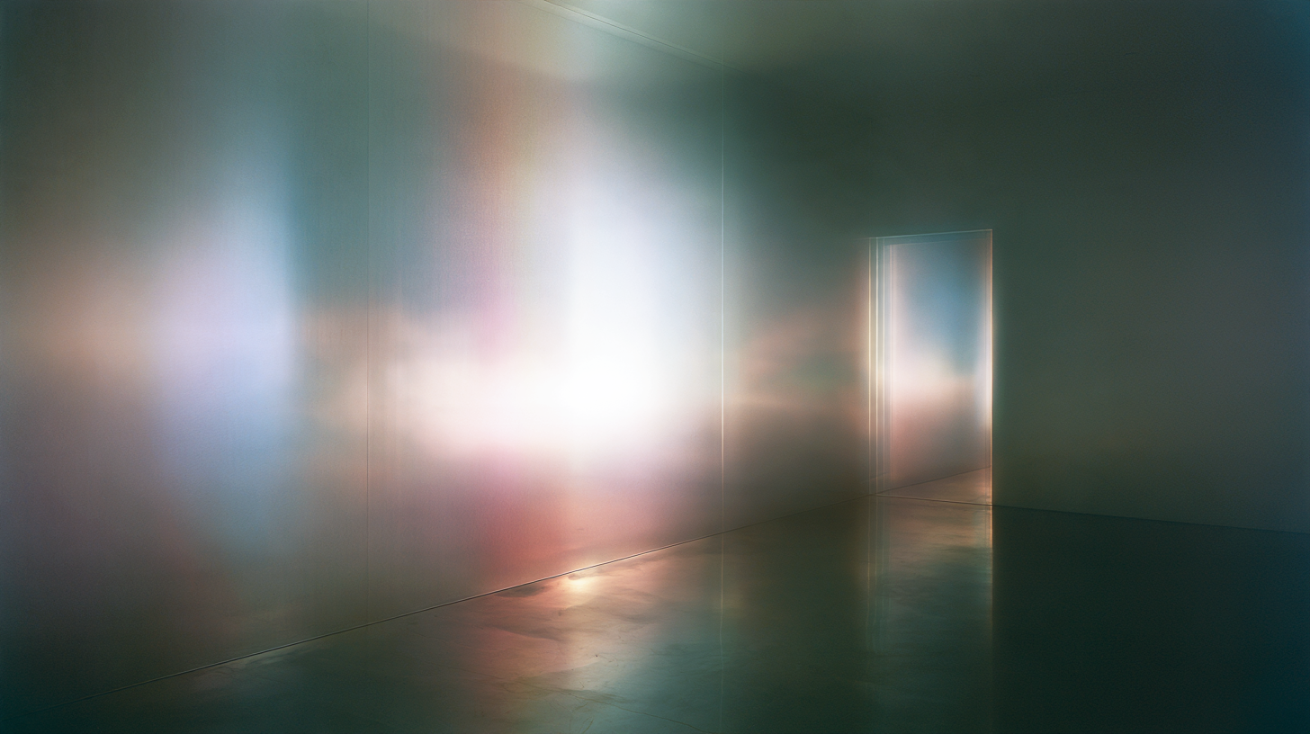 A softly blurred interior glows with diffused pink, blue, and gold light, leading toward a luminous doorway in the distance.