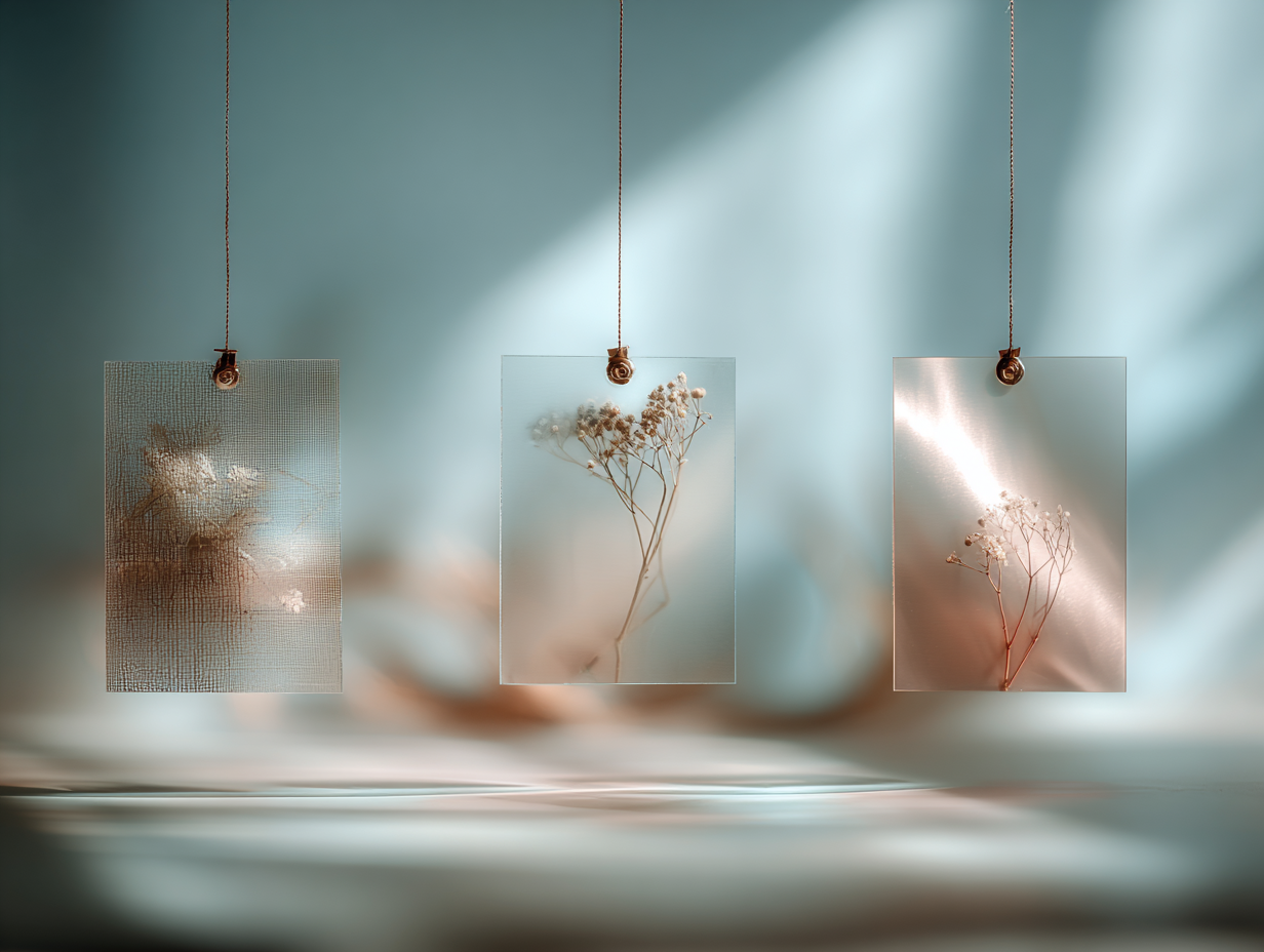 Three minimal panels hang in a calm, blush-toned space, each with restrained floral accents and soft shadowing.