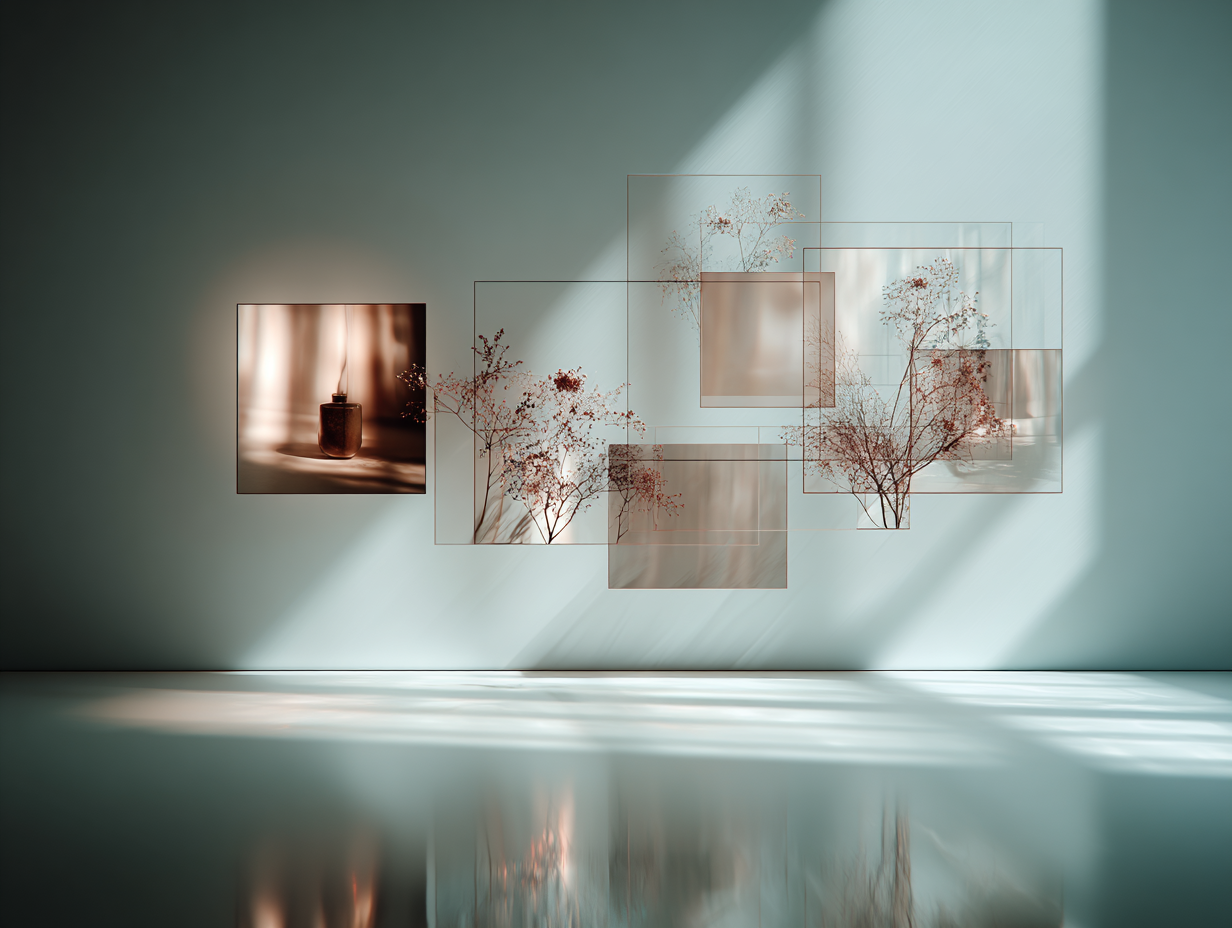 Sheer squares, some filled with florals, float in a spare, dreamy space.