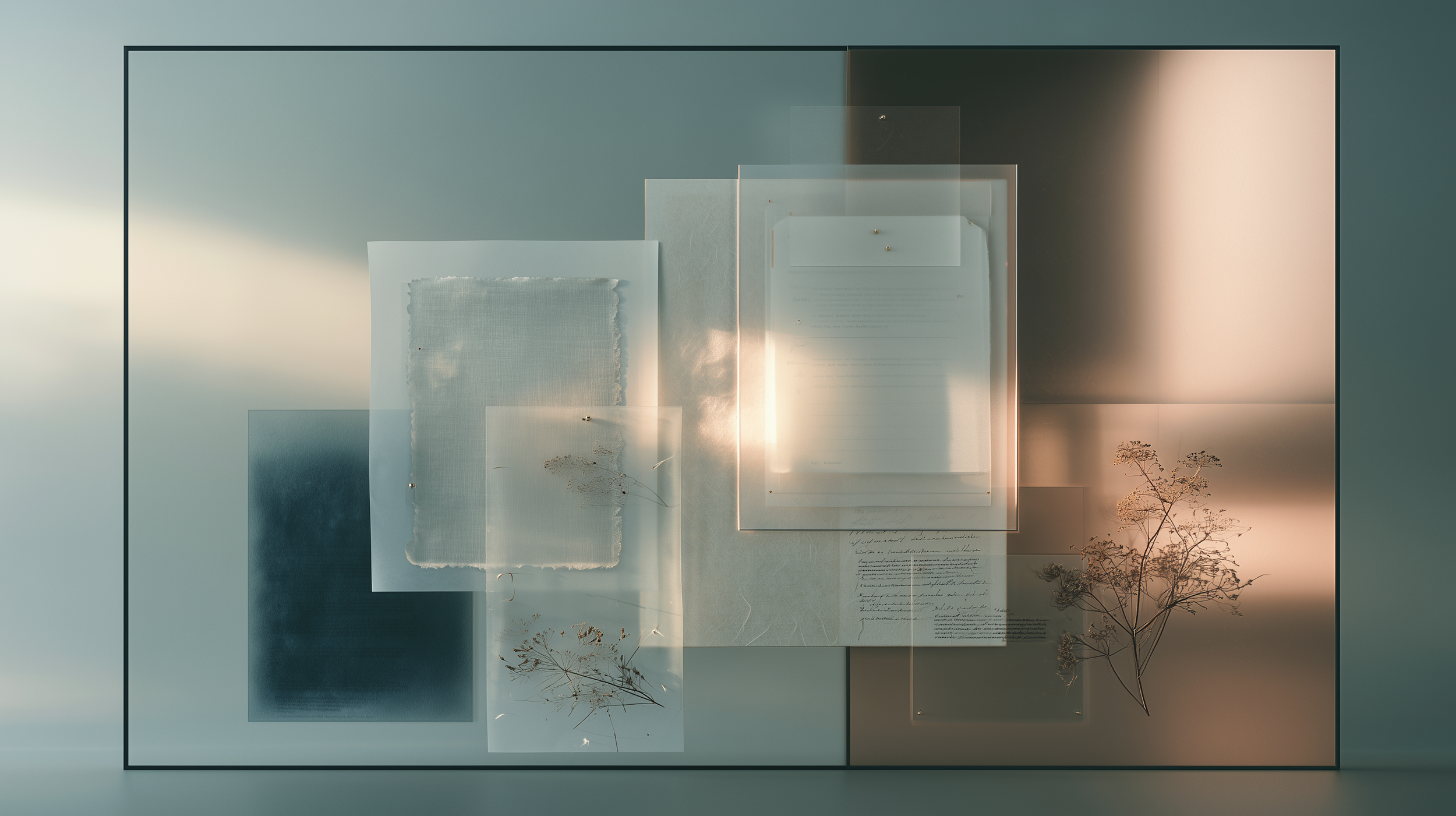 Layered sheets of textured paper, translucent vellum, and botanical fragments overlap within a large rectangular frame, with pale blue, ivory, bronze, and smoky tones lit by soft directional light.