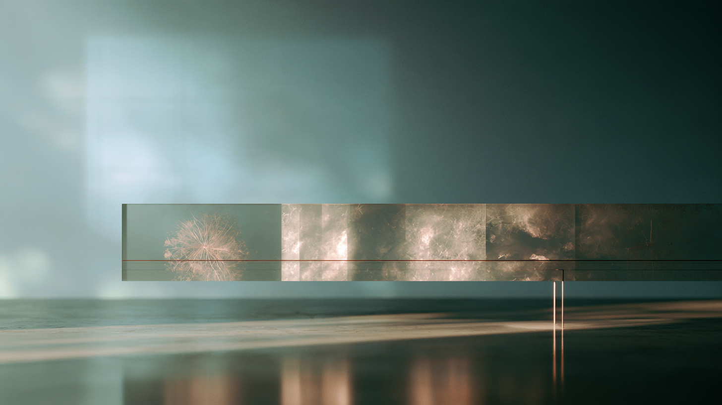A long translucent panel in muted teal and smoky bronze stretches across the frame, with delicate botanical traces, soft internal textures, and a thin metallic line running horizontally through it.