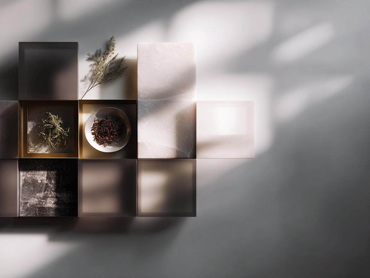 Abstract editorial image of translucent rectangular blocks and shallow trays arranged like a selective grid, with dried botanicals and soft shadows against a muted gray background.