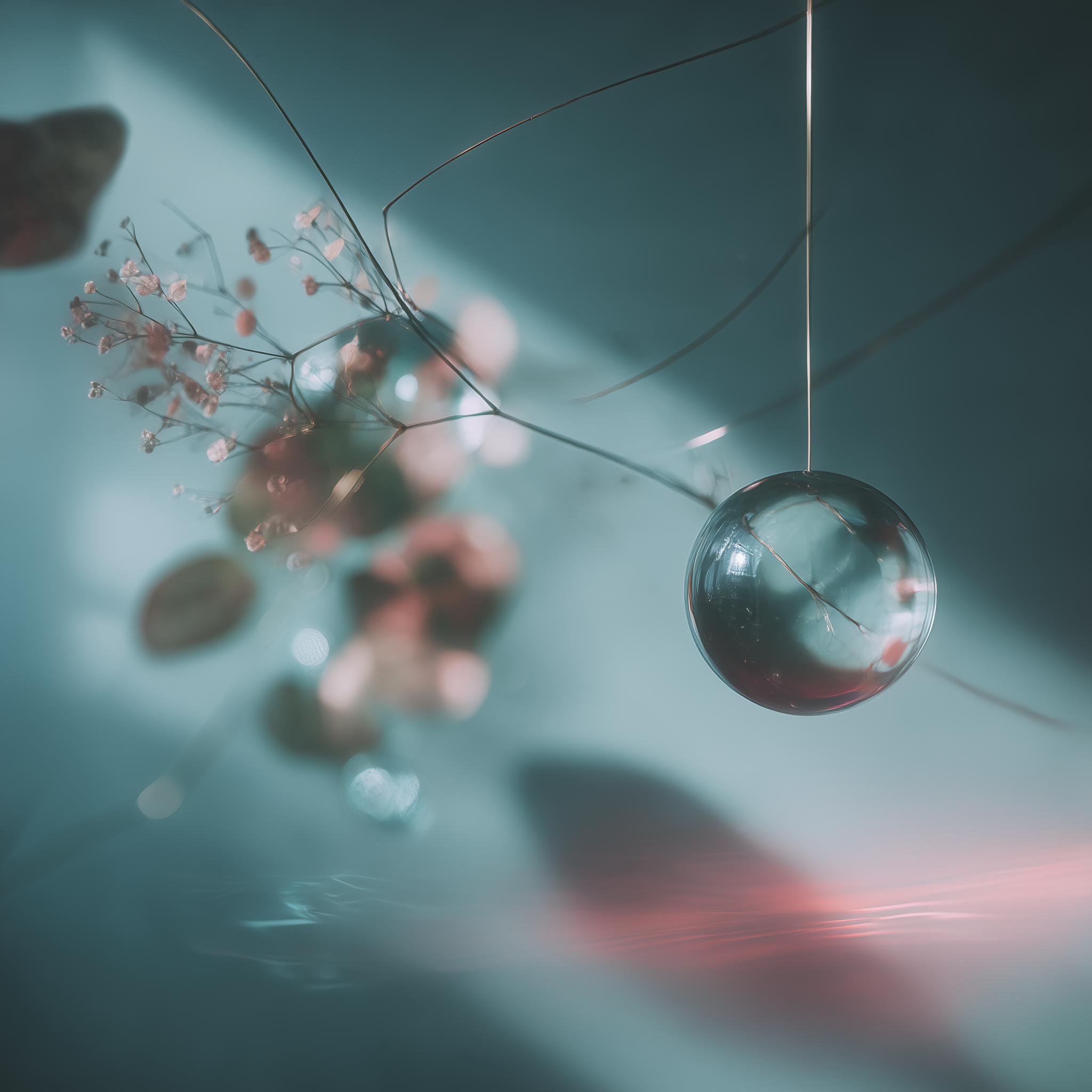 A suspended glass sphere and delicate botanical stems float in soft blue light, with blurred reflections and a warm pink glow across the lower edge.