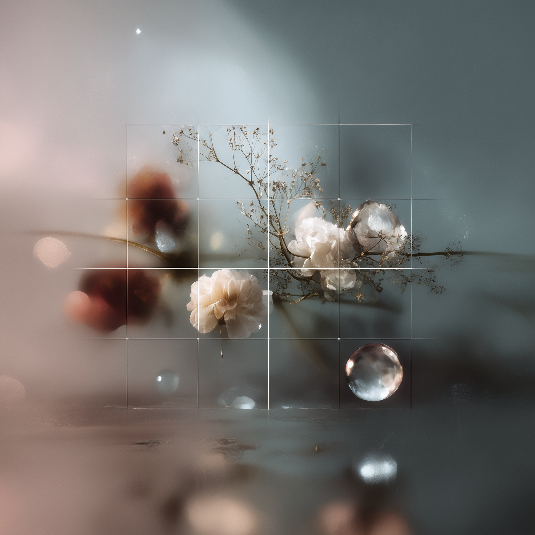 Abstract still life with a faint white grid over soft-focus flowers, dried stems, and glass spheres arranged on a reflective surface in muted blue and blush light.