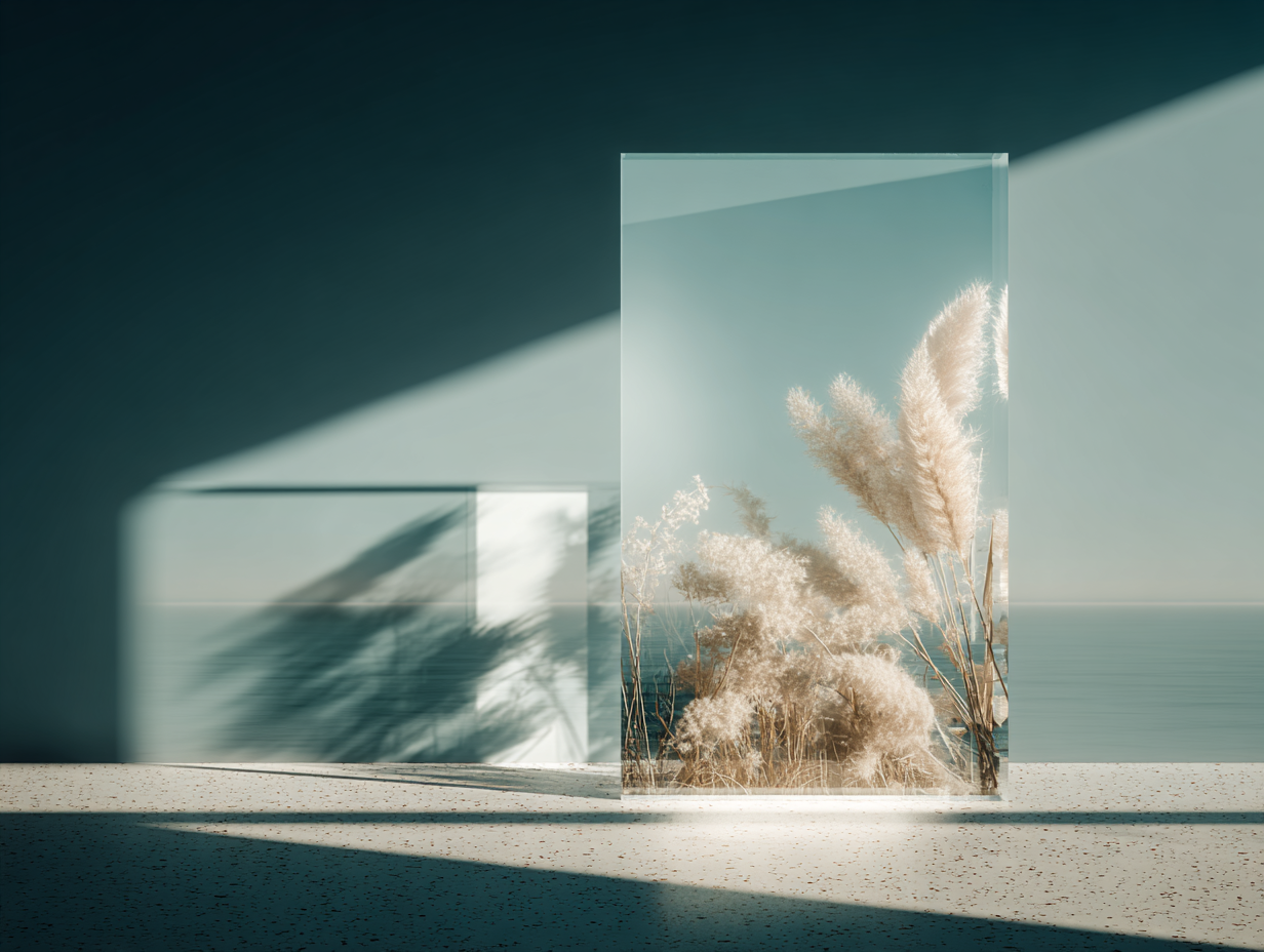 A translucent rectangle with subtle floral elements floats in a calm, minimalist background.