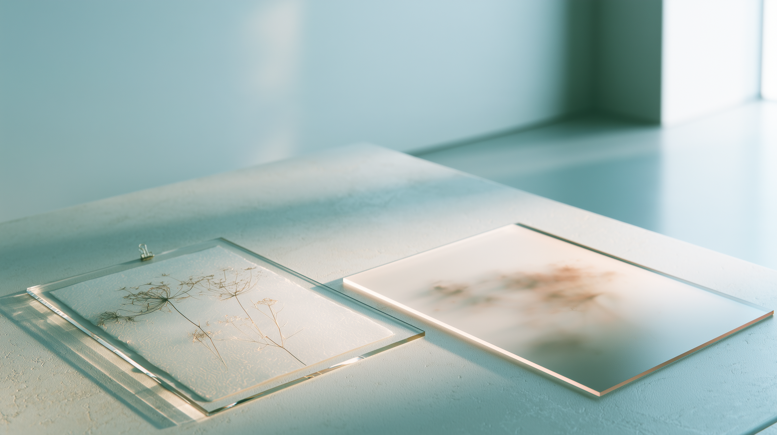 Two flat rectangular materials rest on a pale tabletop in a softly lit room: at left, a clipped translucent sheet layered over clear panels with delicate botanical traces, and at right, a frosted pale slab with a softly blurred botanical impression.