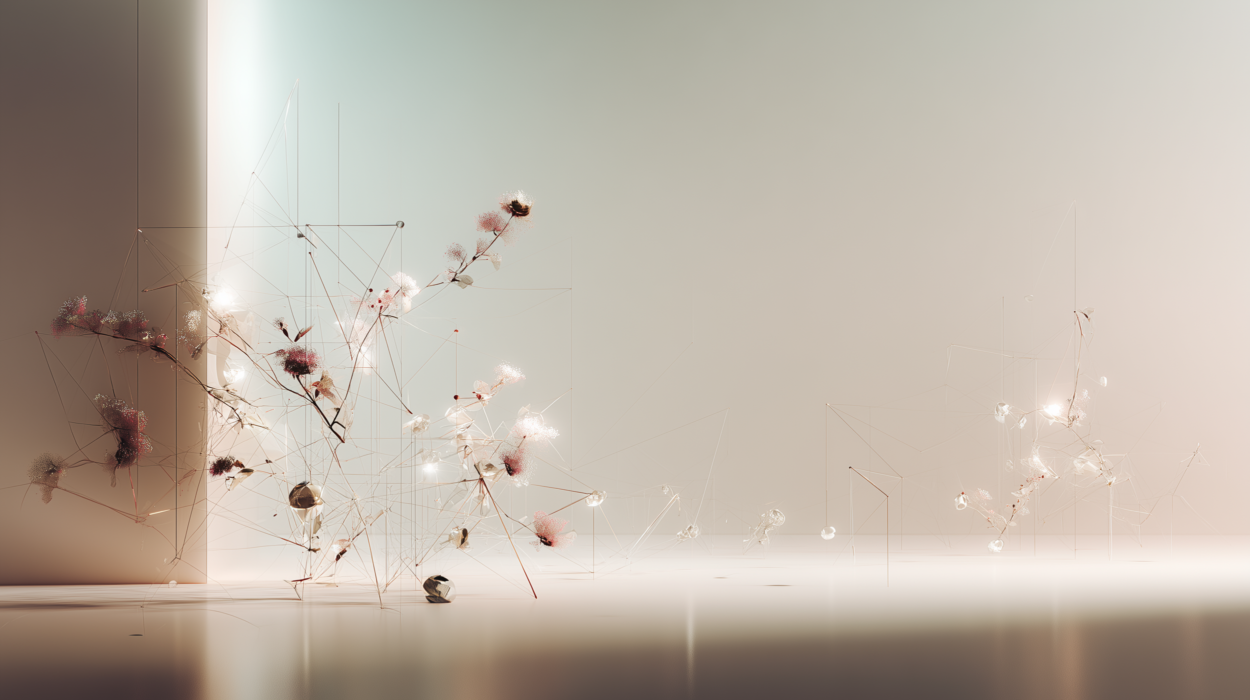 Pink and white floral stems appear among thin wire-like lines and faint translucent forms in a pale, minimal interior scene.