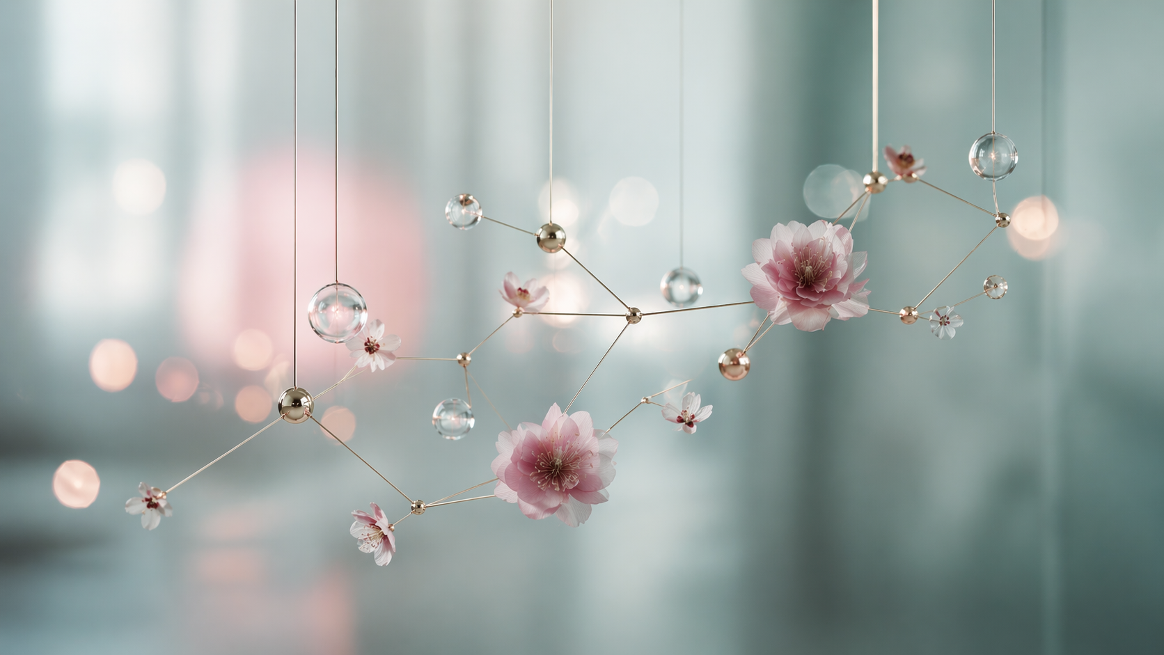 Soft-focus fine gold lines with glass nodes and pale blossoms suspended in soft light.