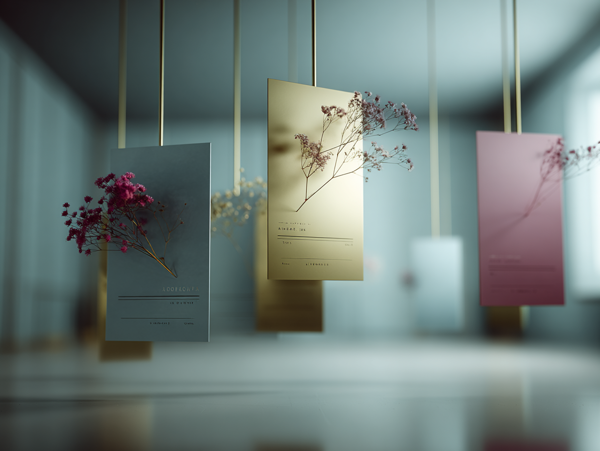 Three floating recommendation cards hover with subtle depth and soft shadows, each accented with light botanical detail.