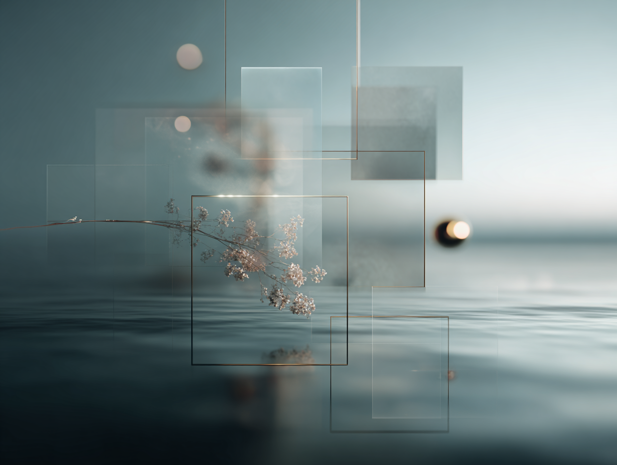 An airy grid structure appears against a calm backdrop, showing selective filled squares amid wide empty space.