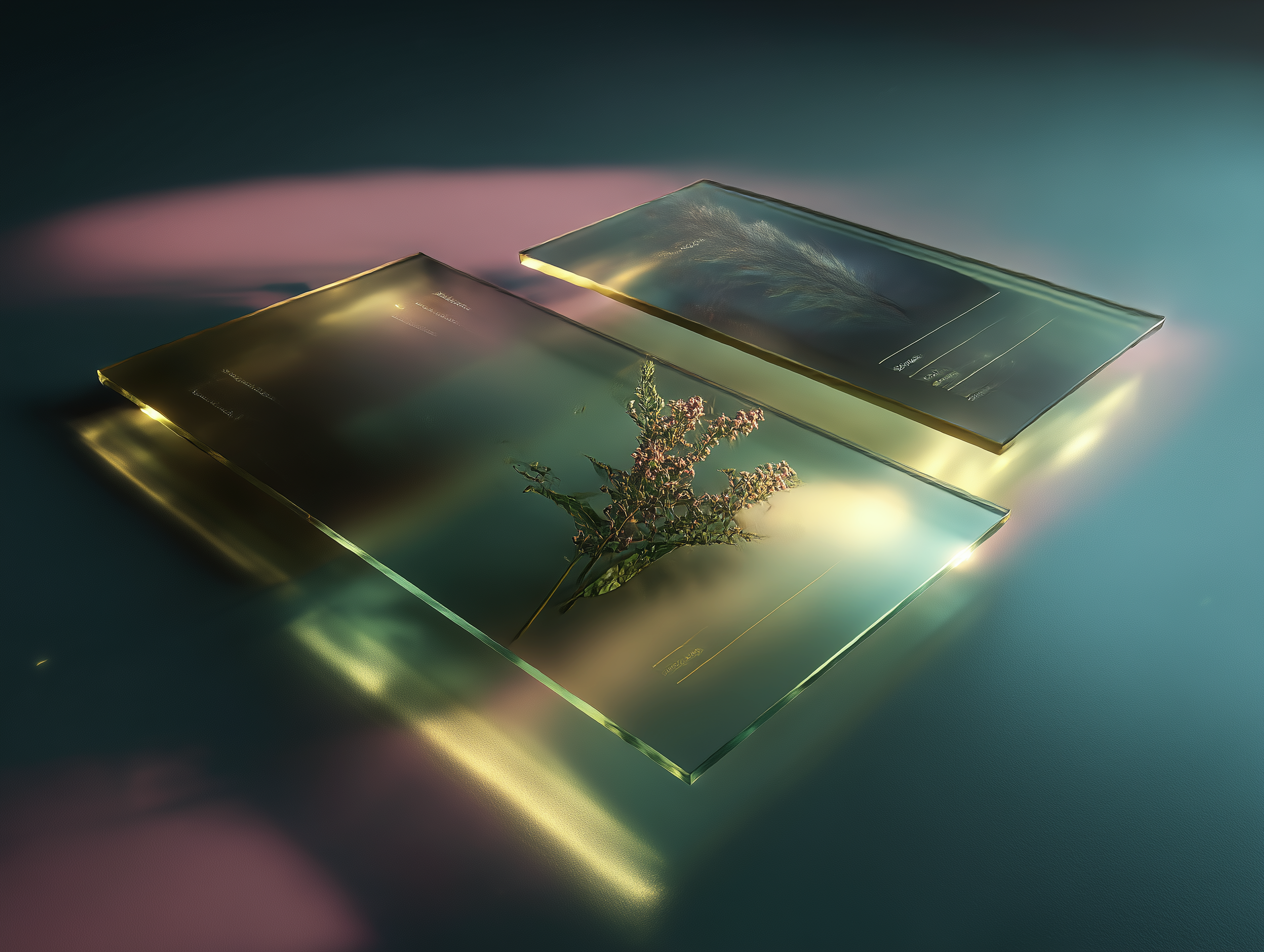 Translucent cards float in space, with organic elements emerging from within.