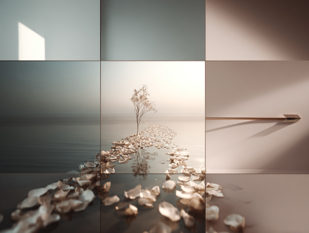 A mix of rectangles and a sparse grid suggests search results, with gentle petals drifting outward in soft morning light.