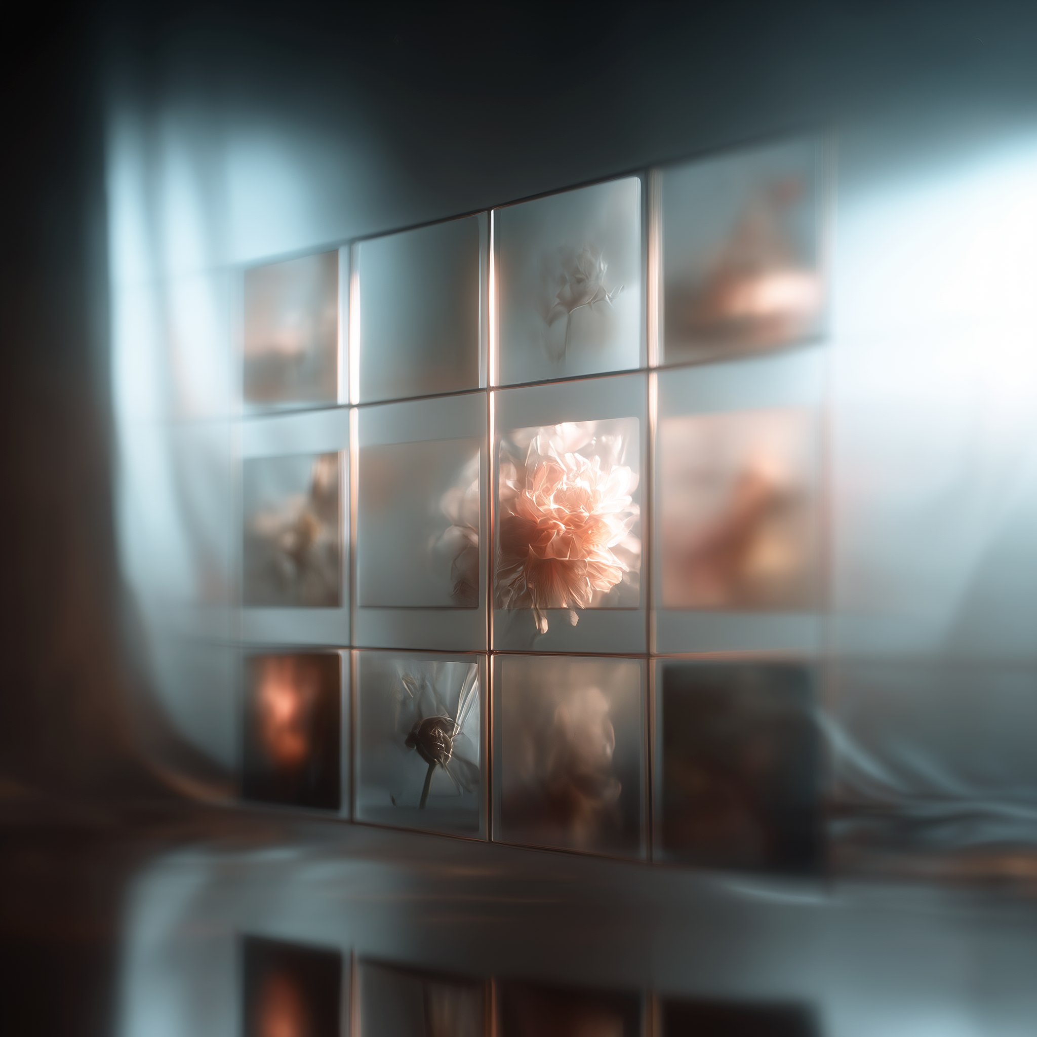 Soft-focus abstract image of a curved grid of translucent panels with blurred floral forms behind them, glowing in muted blue and blush light above a reflective surface.